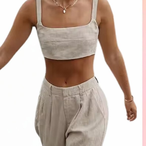 Sleeveless Crop Tank Top & High Waist Wide Leg Pants Set- Medium - Picture 2 of 7